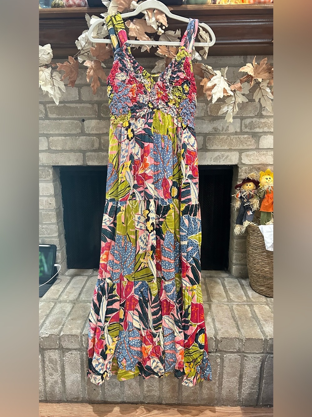 Angie Floral Smocked Maxi Dress in Pink, Green, Blue and Cream EUC
